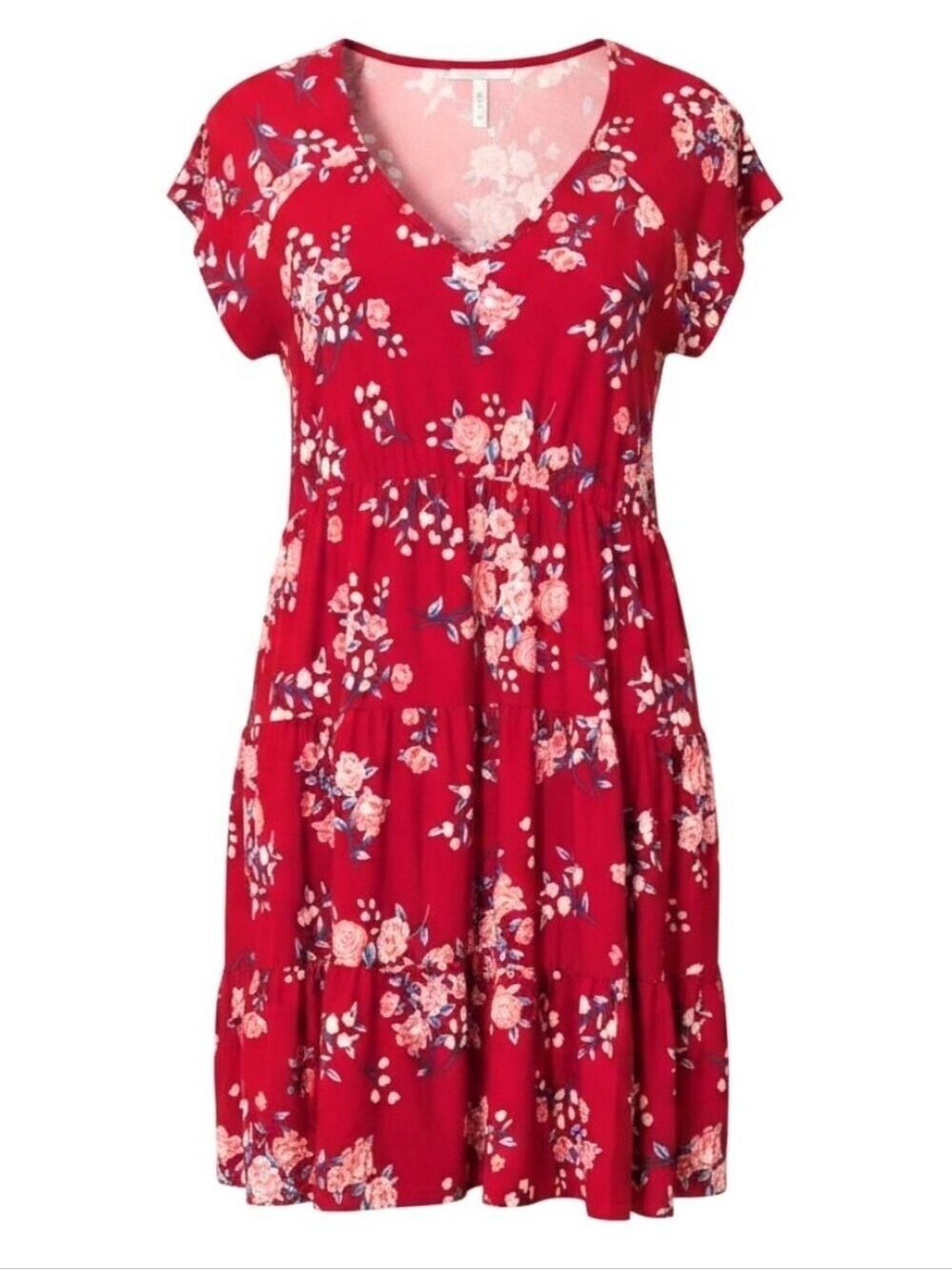 Floral Red V-Neck Dress with Navy Accents by No Boundaries